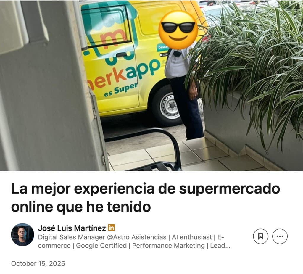 LinkedIn article: Merkapp delivery van and headline about online grocery UX